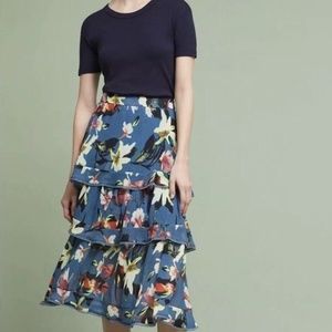 New Anthropologie Tiered Blue Floral Midi Skirt by Foxiedox Size L